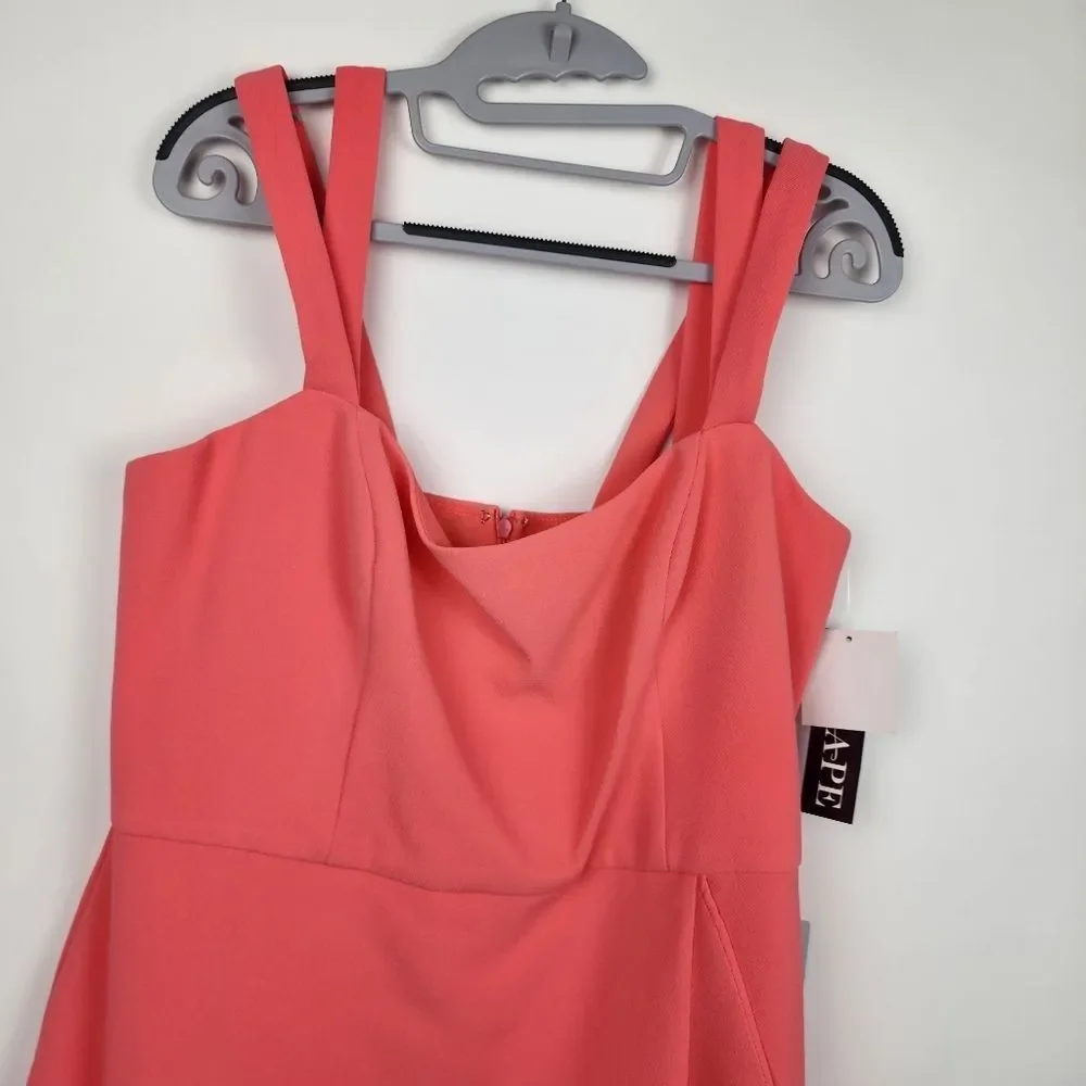 XSCAPE WOMENS 14 Double Strap Crepe Dress Coral HI LOW SLEEVELESS RUFFLE NWT NEW - Picture 4 of 11